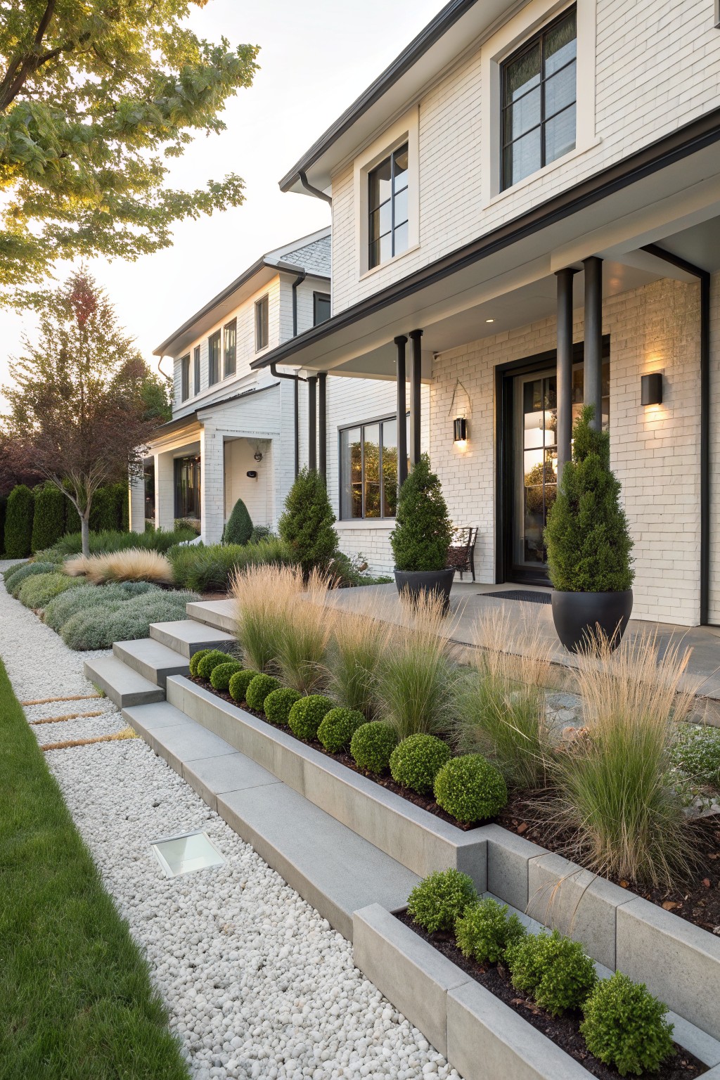 White brick modern farmhouse house with black-framed windows and covered porch, approached by concrete steps integrated with raised planters containing boxwood spheres and ornamental grasses, gravel path, and lawn edging.