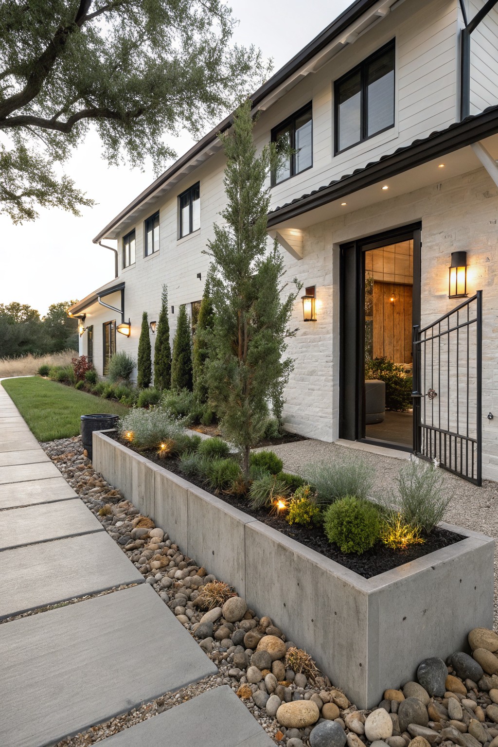 Side view of a white brick modern farmhouse with black windows and an open black metal entry gate, concrete paver walkway edged by a long raised concrete planter filled with grasses, shrubs, and uplights, tall evergreen trees, river rock ground cover, and landscape lighting.