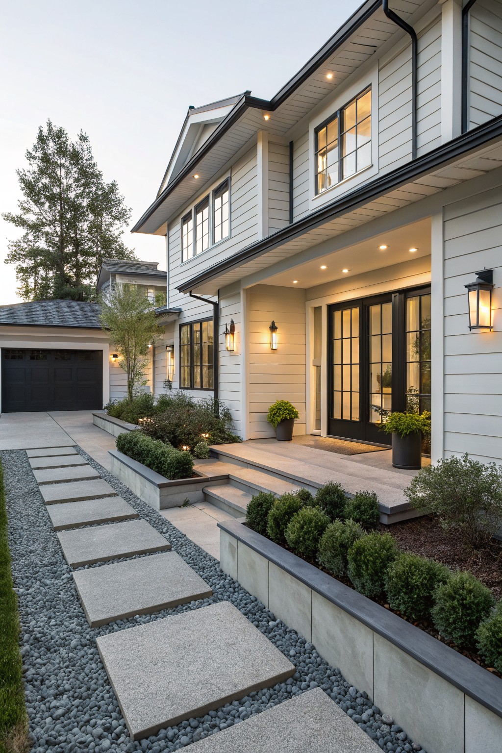 Modern farmhouse exterior featuring a pathway of large rectangular concrete pavers set in gray gravel, bordered by raised concrete planters filled with boxwood shrubs, leading to a covered front entry with black-framed doors and sidelights.