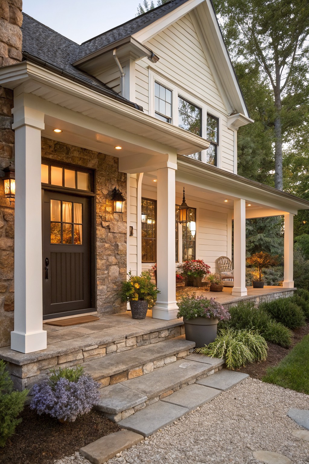 Modern farmhouse house front with stone base on left side and steps, white clapboard siding and gable roof, covered porch supported by white columns, dark paneled door with glass panels and sidelights, hanging and post lanterns, potted plants and flowers, Adirondack chair on porch, gravel path and shrubs in yard at evening light.