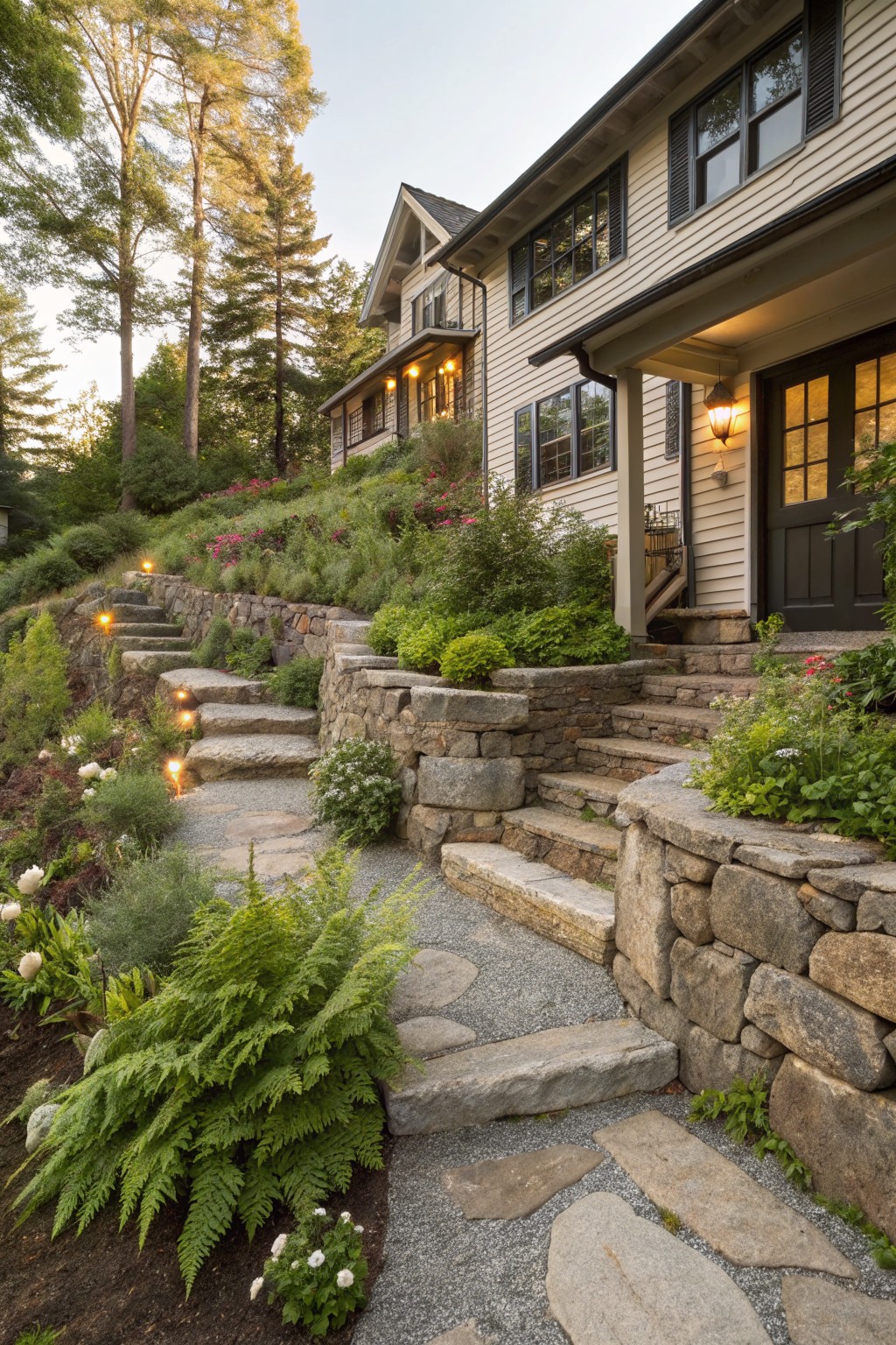 Hillside modern farmhouse with irregular natural stone steps, low retaining walls, gravel path sections, various green plants and flowers, path lights, leading to a front entry porch amid trees.