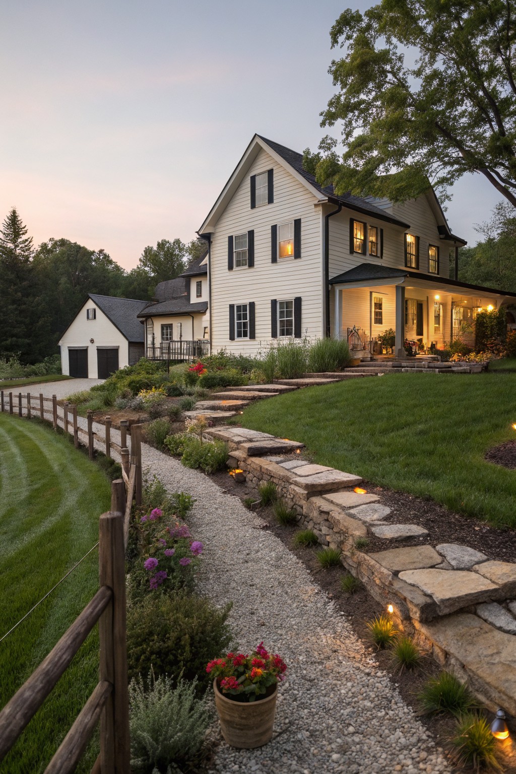 White farmhouse-style house with black shutters and dark roof on a grassy slope, detached garage nearby, split-rail wood fence, stone steps and gravel path lined with flowers, shrubs, and low landscape lights leading to the porch at dusk.