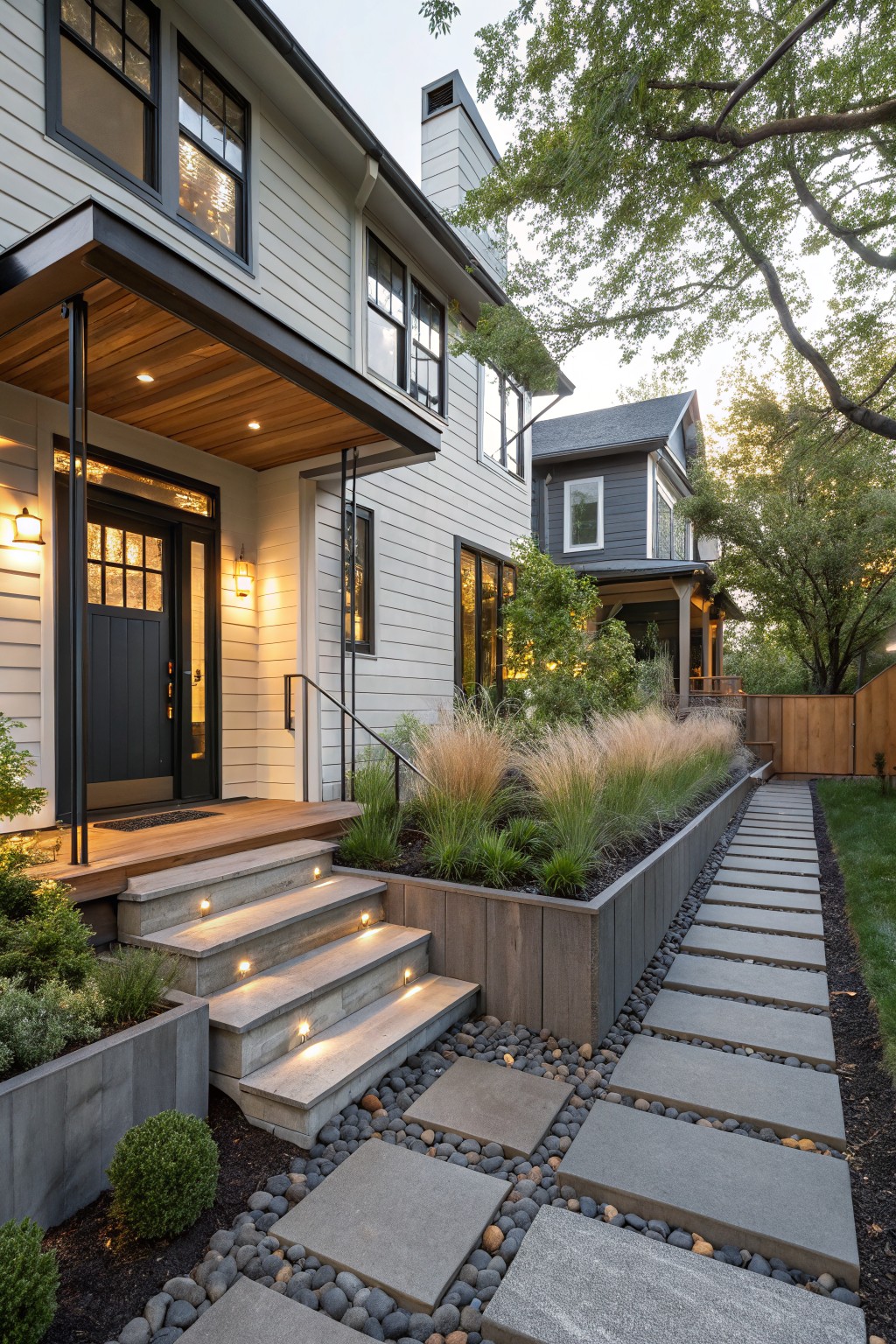White modern farmhouse with black-framed windows and dark front door under wooden porch, concrete steps with integrated lighting leading down to gray paver path set in black gravel, flanked by raised wooden planters filled with tall ornamental grasses and shrubs.