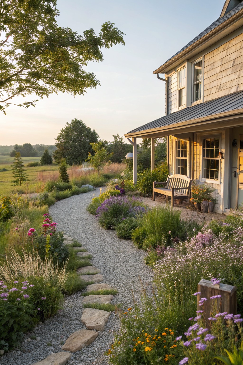 A shingled modern farmhouse with covered porch and wooden bench, approached by a curving gravel path with stepping stones lined by grasses, perennials, and flowers in a rural yard at dusk.