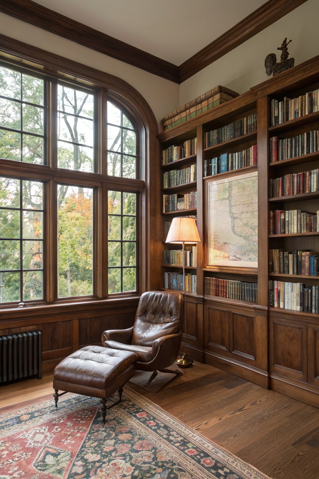 Wood-paneled library interior with floor-to-ceiling bookshelves filled with books, a leather armchair and ottoman near a radiator, arched multi-pane windows overlooking trees, a table lamp, and a framed map on the wall.