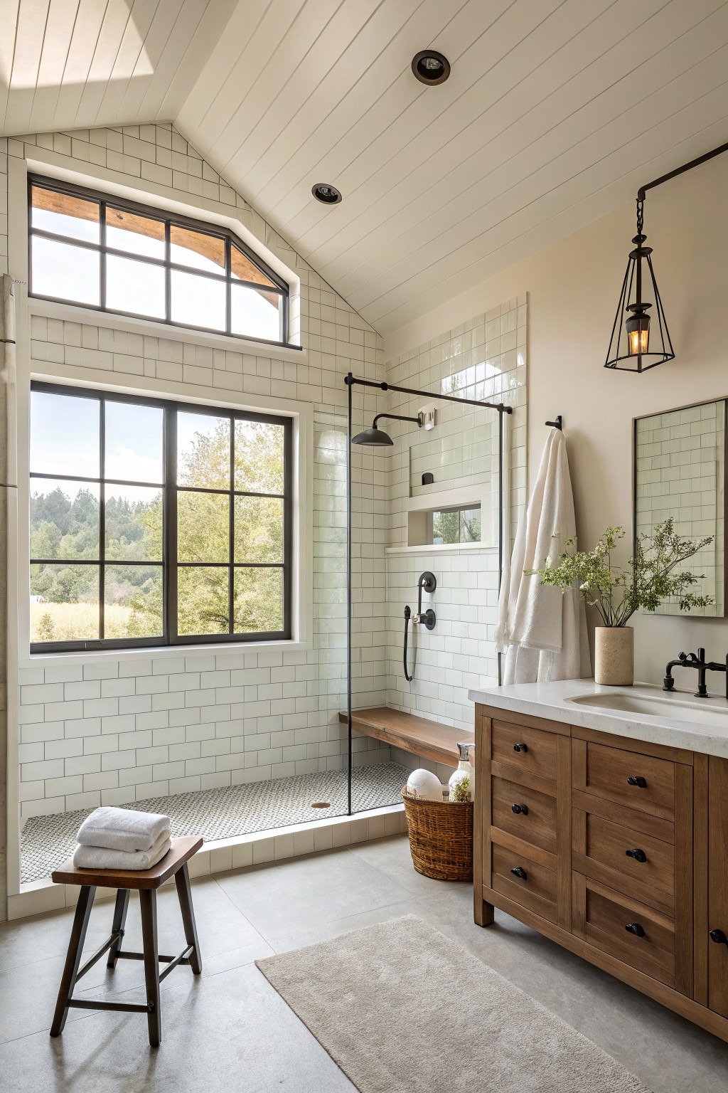 Spacious modern farmhouse bathroom with large black metal-framed grid windows on white subway tile walls, walk-in shower, wooden vanity, benches, and towels.