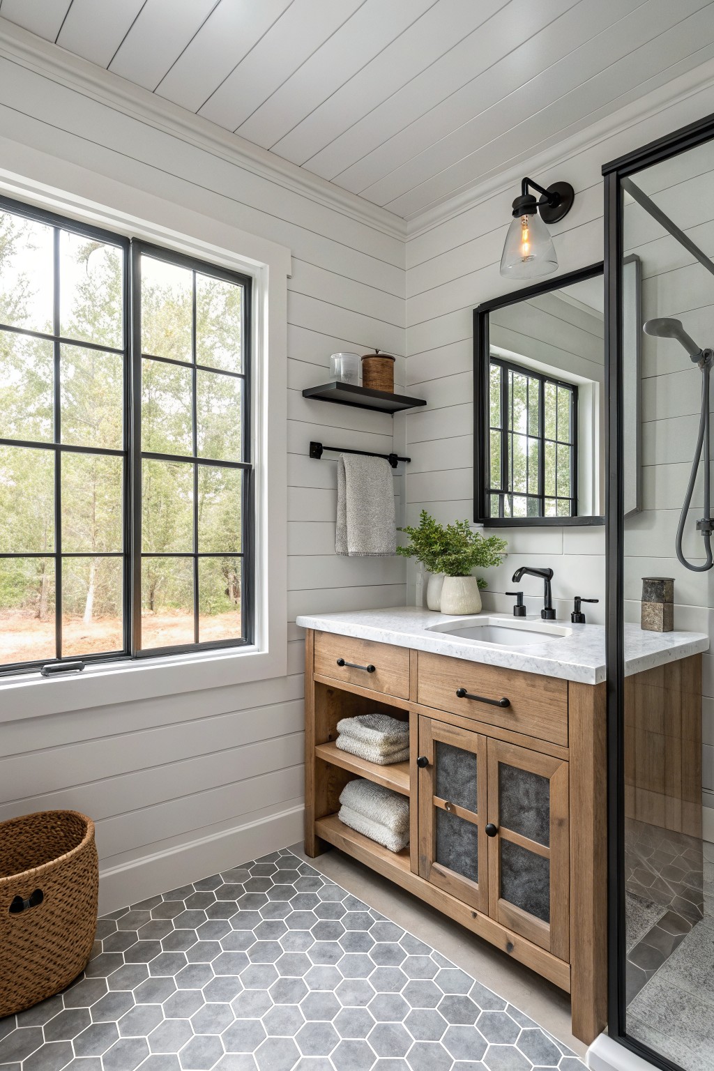 Modern farmhouse bathroom with white shiplap walls, large black-framed grid window, wooden vanity with marble top, glass shower, and gray hexagonal floor tiles.