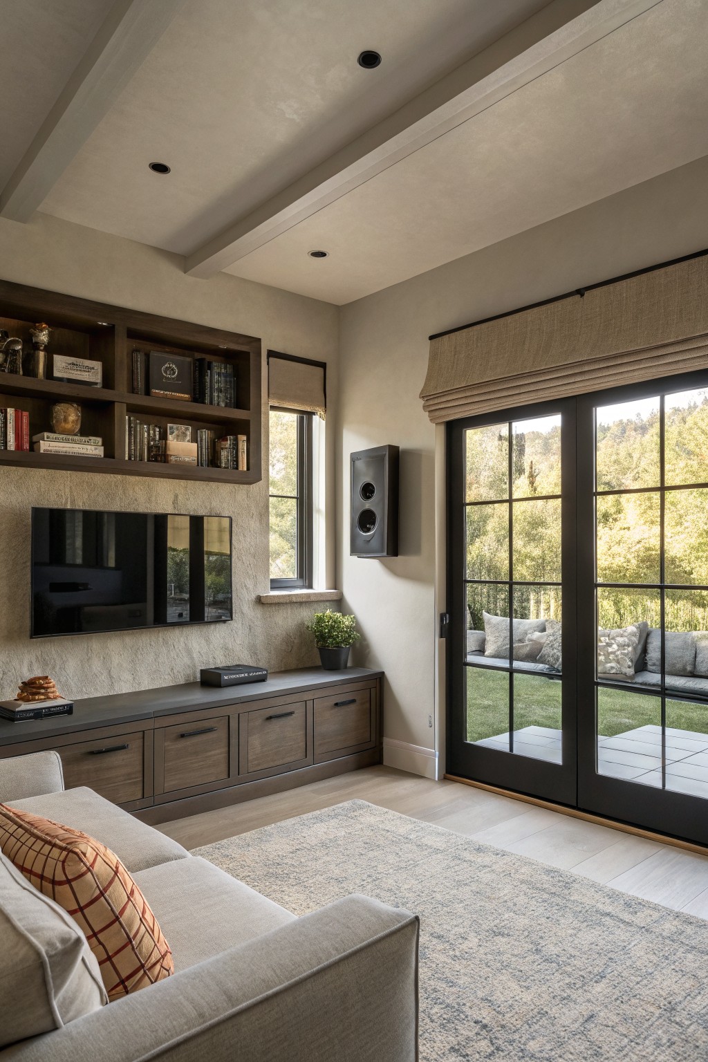 Interior of a neutral-toned room with wooden built-in bookshelves and media cabinet, mounted TV on textured wall, light gray sofa with orange pillow, black-framed grid windows and sliding doors to garden and trees, beige walls and wood beam ceiling.