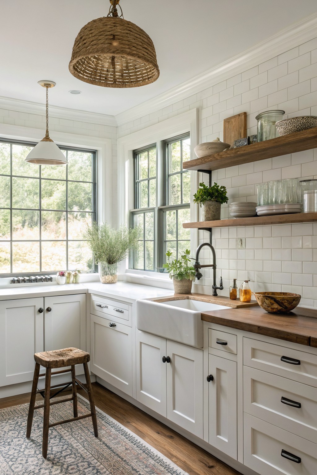 Bright modern farmhouse kitchen with white shaker cabinets, white farmhouse sink, black metal grid windows overlooking trees, subway tile backsplash, wooden shelves, and a woven pendant light.