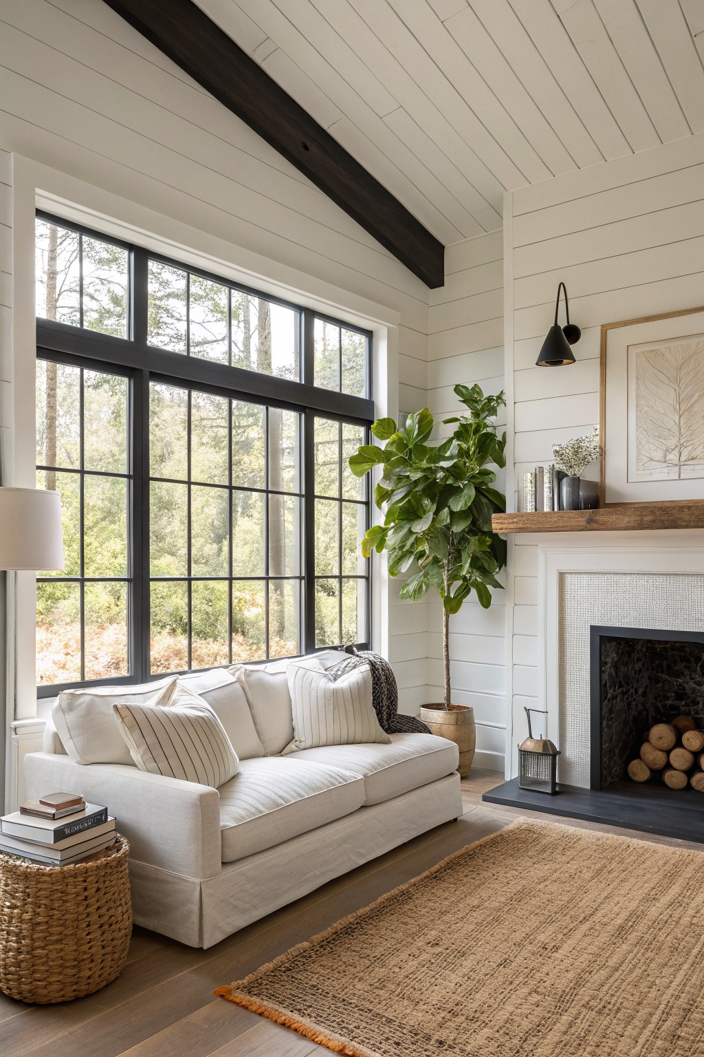 Modern farmhouse living room interior featuring large black metal grid windows overlooking woods, white shiplap walls and ceiling with exposed beams, white sofa, fiddle leaf fig plant beside a white fireplace mantel, and seagrass rug on wood floors.