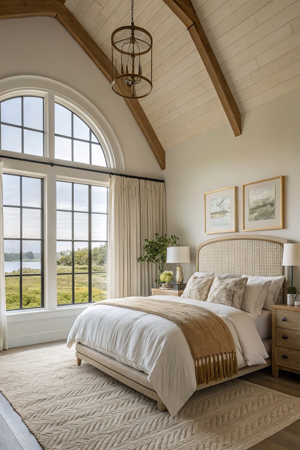 A light-colored modern farmhouse bedroom featuring a king bed with white bedding and tan throw, rattan headboard, large black-framed arched window with divided lights overlooking a lake and greenery, vaulted wood-beam ceiling, and beige rug on wood floors.