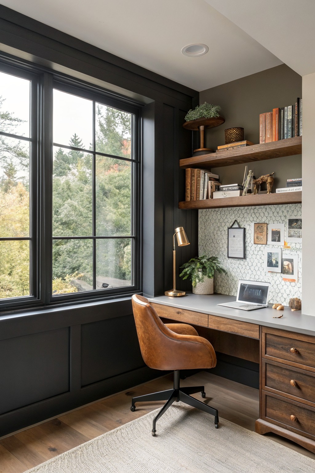 Side view of a home office with tan leather desk chair at a light wood and gray desk holding a laptop, large black metal-framed grid window showing trees outside, floating wood shelves with books and decor above a beige patterned backsplash with pinned photos and plants.