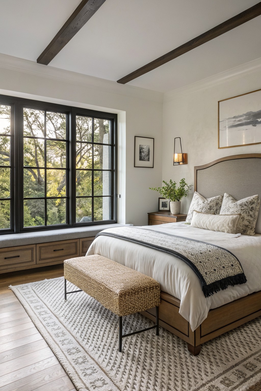 Bedroom interior with wood beam ceiling, large black-framed grid windows overlooking trees, upholstered bed with white and patterned bedding, wood side table with plants, rattan bench, and woven rug on wood floors.
