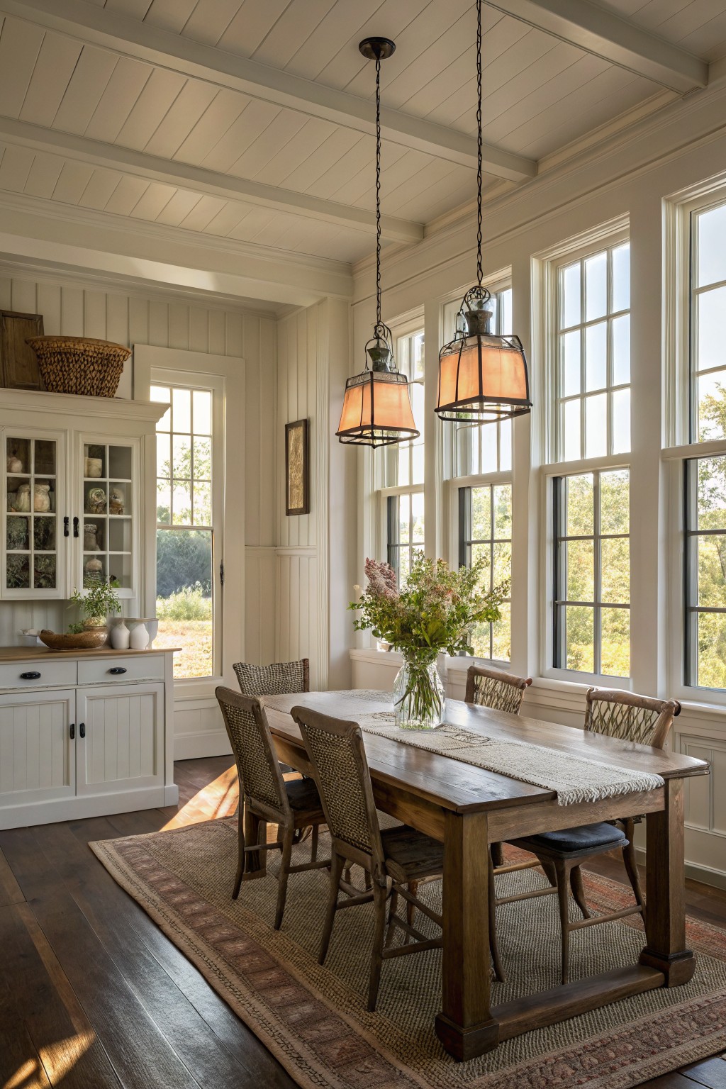 Modern farmhouse dining room with wooden table, wicker chairs, white cabinets, woven basket, vase of flowers, and large multi-pane windows with white trim overlooking trees and fields.