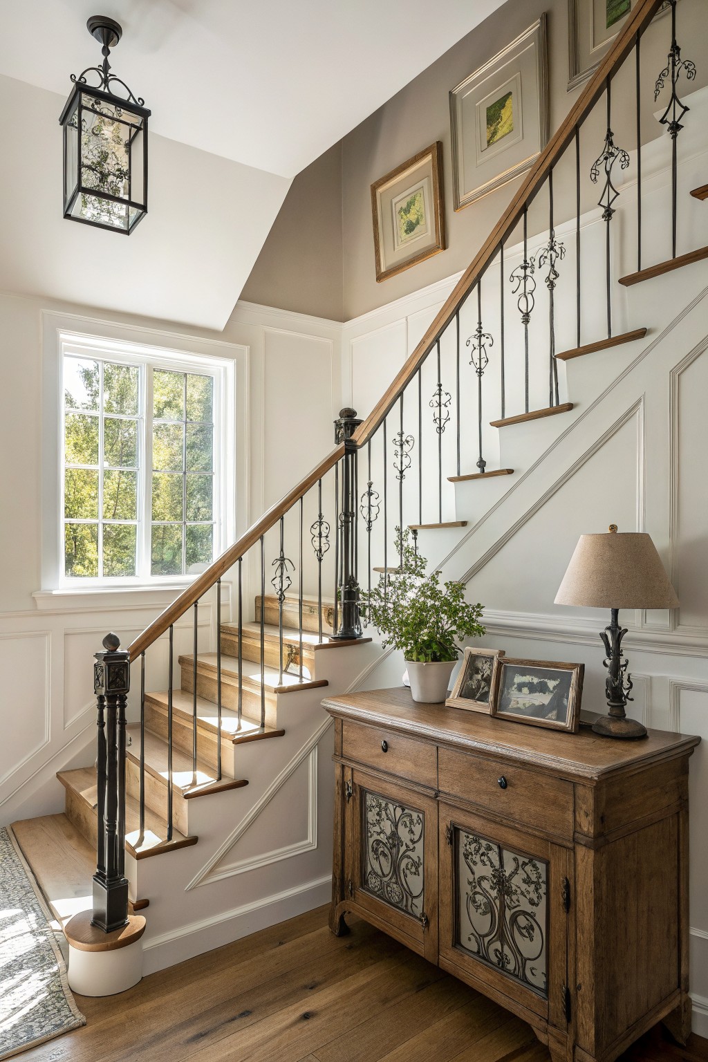 Sunlit interior of a staircase with oak treads, black wrought iron balusters, white paneled walls, a large multi-light window overlooking trees, wooden console table topped with lamp plants and frames, and hardwood floors.