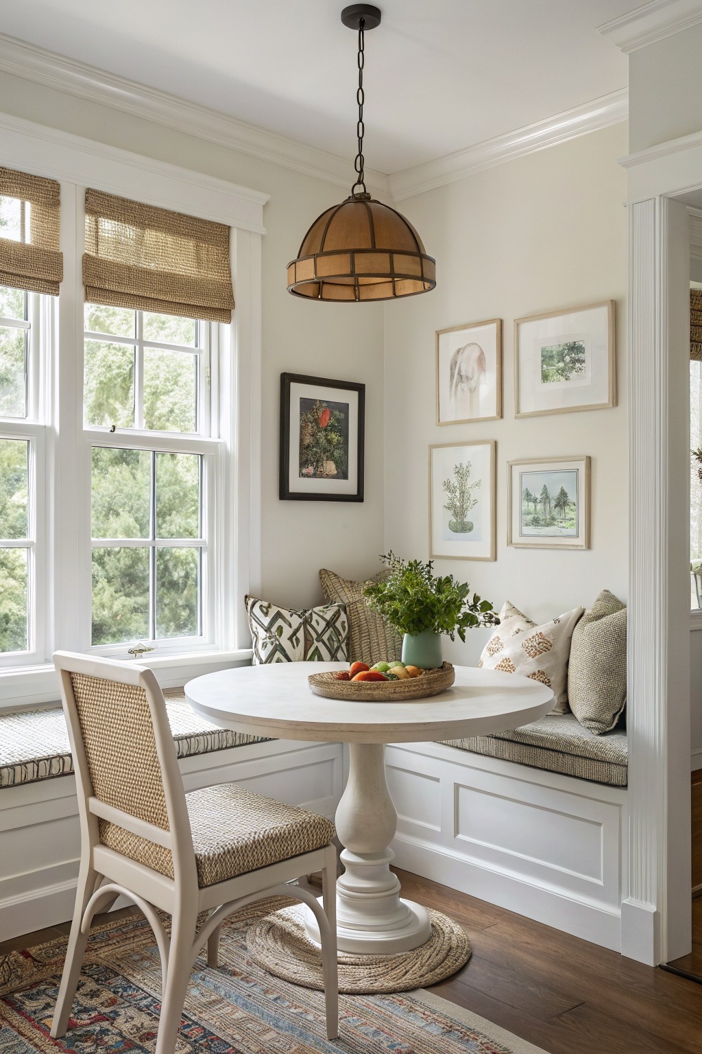 Cozy interior breakfast nook with round white pedestal table, rattan chair, built-in banquette seating with pillows, large multi-pane windows featuring white wood trim and woven shades, pendant light overhead, and wall art.