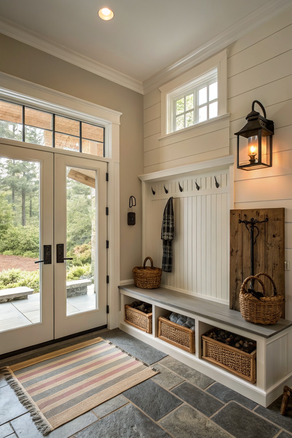 Interior mudroom featuring white shiplap walls, built-in bench with woven baskets and cubbies, coat hooks with hanging towel, black metal lantern light, and large glass French doors with black frames opening to wooded outdoor view on slate tile floor.