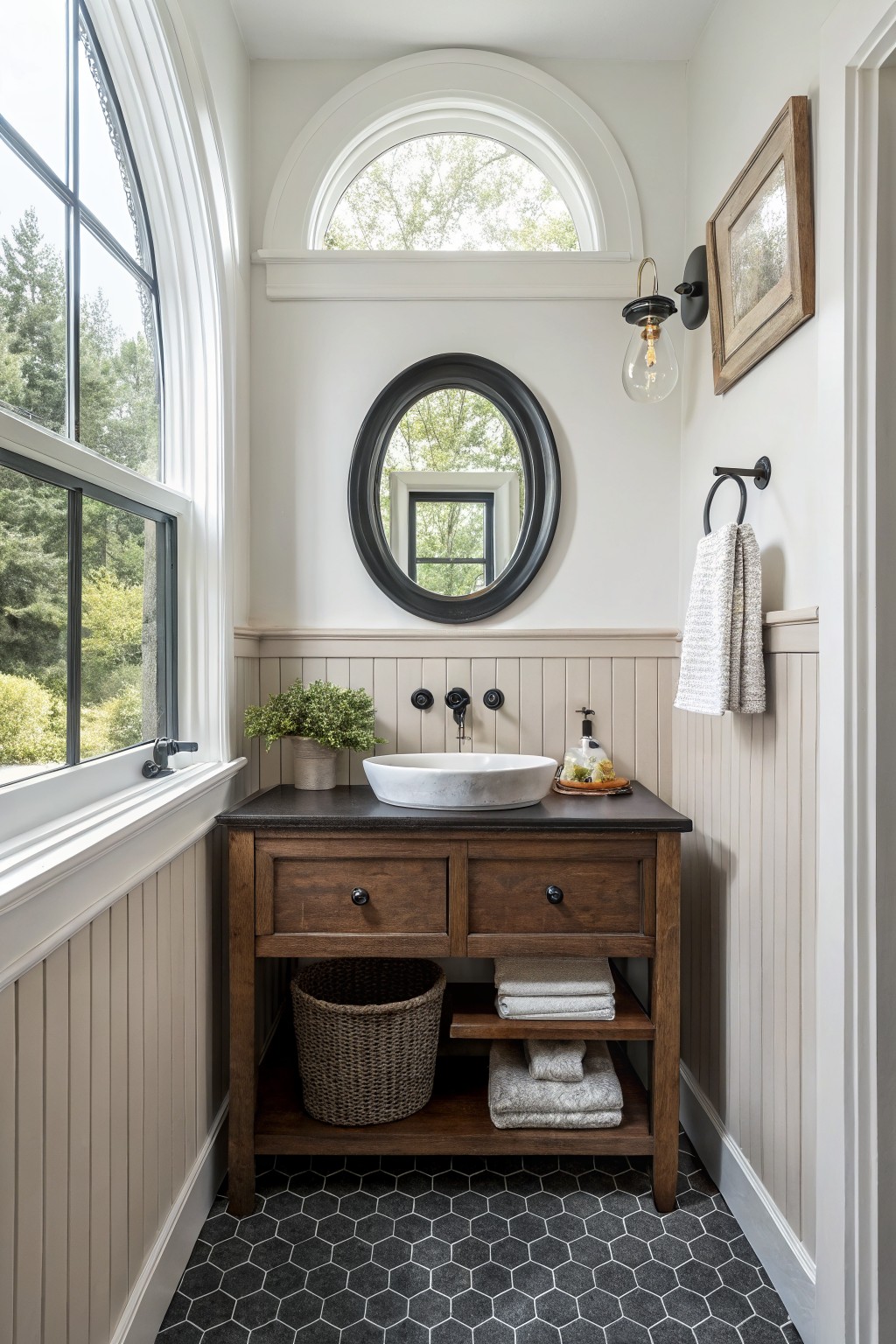 Small powder room featuring an arched window with white trim, round black mirror above a wood vanity with vessel sink, beige beadboard wainscoting, black hexagonal tile floor, and trees visible outside.