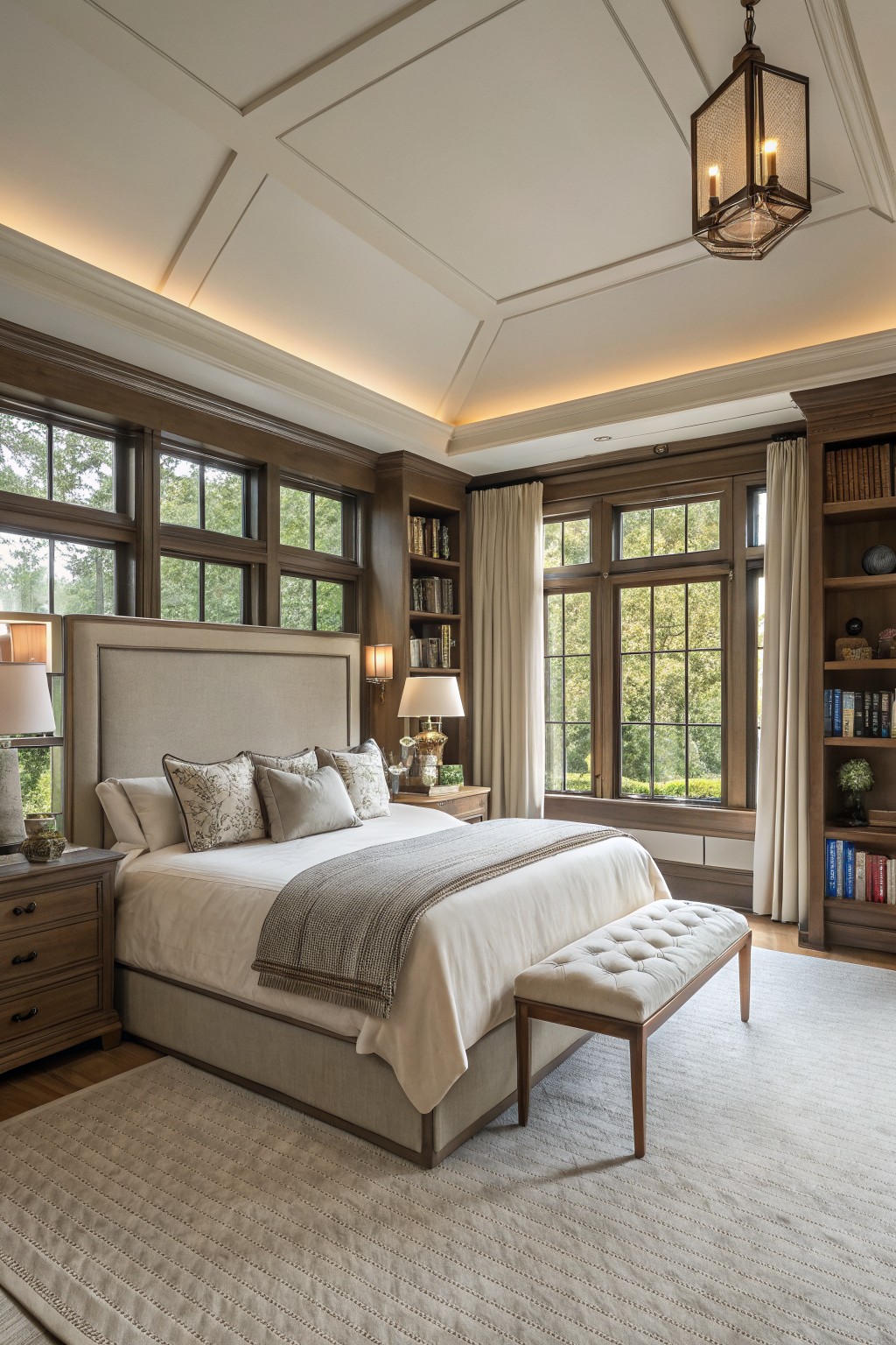 Bedroom with king bed, beige upholstered headboard, nightstands, bench at foot, dark wood window casings and built-in bookshelves flanking large multi-pane windows with cream curtains, overlooking trees, light carpet, and coffered ceiling with cove lighting.