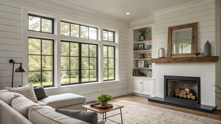 Modern farmhouse living room interior featuring large black metal grid windows overlooking woods, white shiplap walls and ceiling with exposed beams, white sofa, fiddle leaf fig plant beside a white fireplace mantel, and seagrass rug on wood floors.