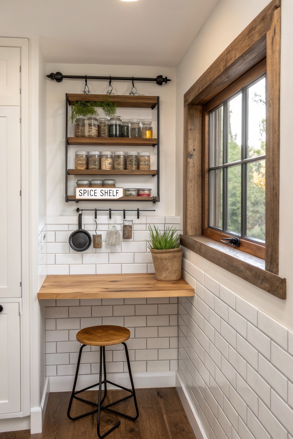 Corner kitchen nook with floating wood countertop, wood stool on black metal frame, white subway tile backsplash, metal spice shelf with jars, potted plants, and window framed in thick rough-sawn wood trim.