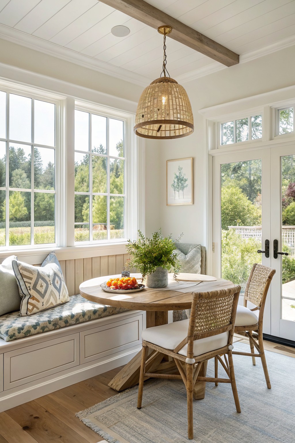 Bright interior of a breakfast nook with white shiplap walls, built-in banquette seating with blue patterned cushions, round wooden pedestal table holding a fruit bowl and potted plant, two rattan chairs, large multi-pane windows and French doors overlooking trees and garden, rattan pendant light, and hardwood floors.