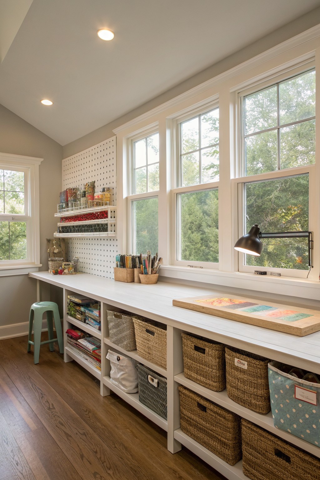 Bright interior of a modern farmhouse craft room featuring a long white workbench, pegboard wall with tools, wicker baskets on shelves, and large white-framed windows with divided lights overlooking trees.