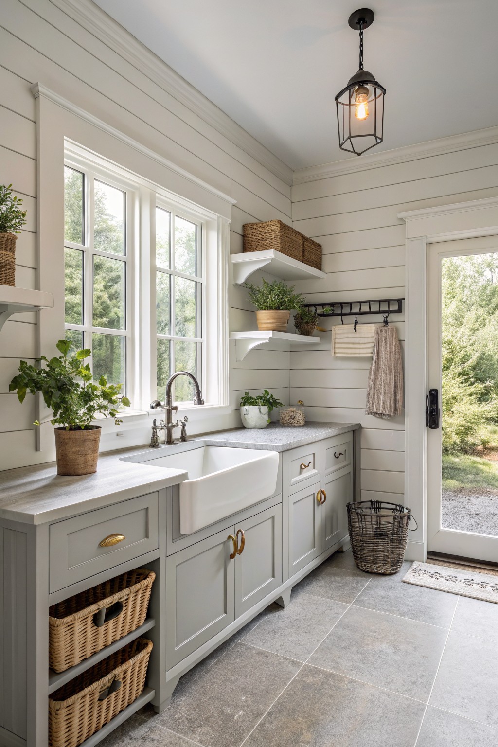 Laundry room interior with light shiplap walls, two large double-hung windows framed in simple white trim, white farmhouse sink in gray base cabinets with brass hardware, potted plants, wicker baskets, wall shelves, and glass door to wooded yard.