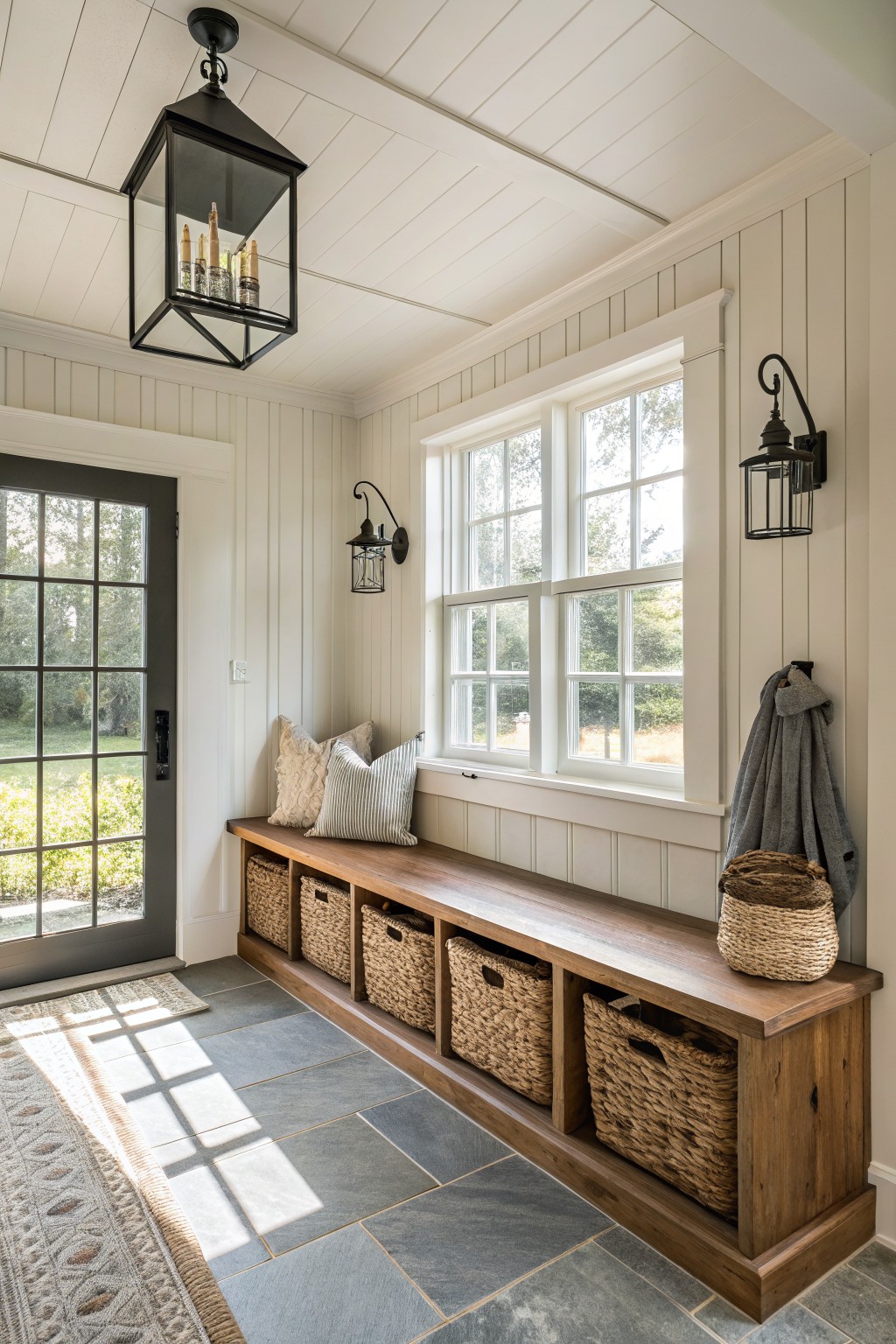Bright interior mudroom with white shiplap walls, wooden bench storage with seagrass baskets underneath, large multi-pane windows trimmed in white, black lantern lights, coat hook with jacket, and glass door to yard.