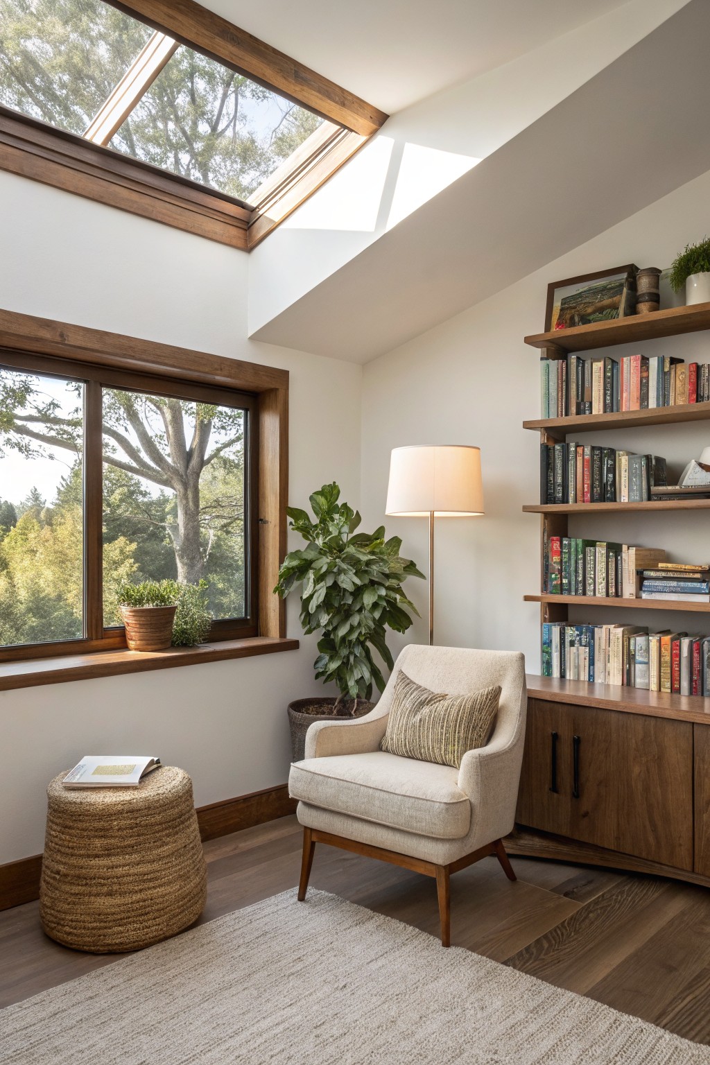 Light-filled interior room with wooden skylights and large sliding wood-framed windows overlooking trees and forest, adjacent wooden bookshelves with books, cream fabric armchair with pillows, tall floor lamp, potted plants, woven stool with open book, and hardwood floors with neutral rug.