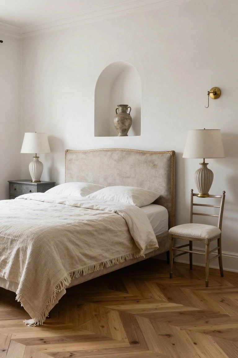 White bedroom with beige upholstered bed framed by gold trim on headboard, arched wall niche containing large ceramic vase, matching table lamps on nightstands, wooden chair, and herringbone parquet wood floors.