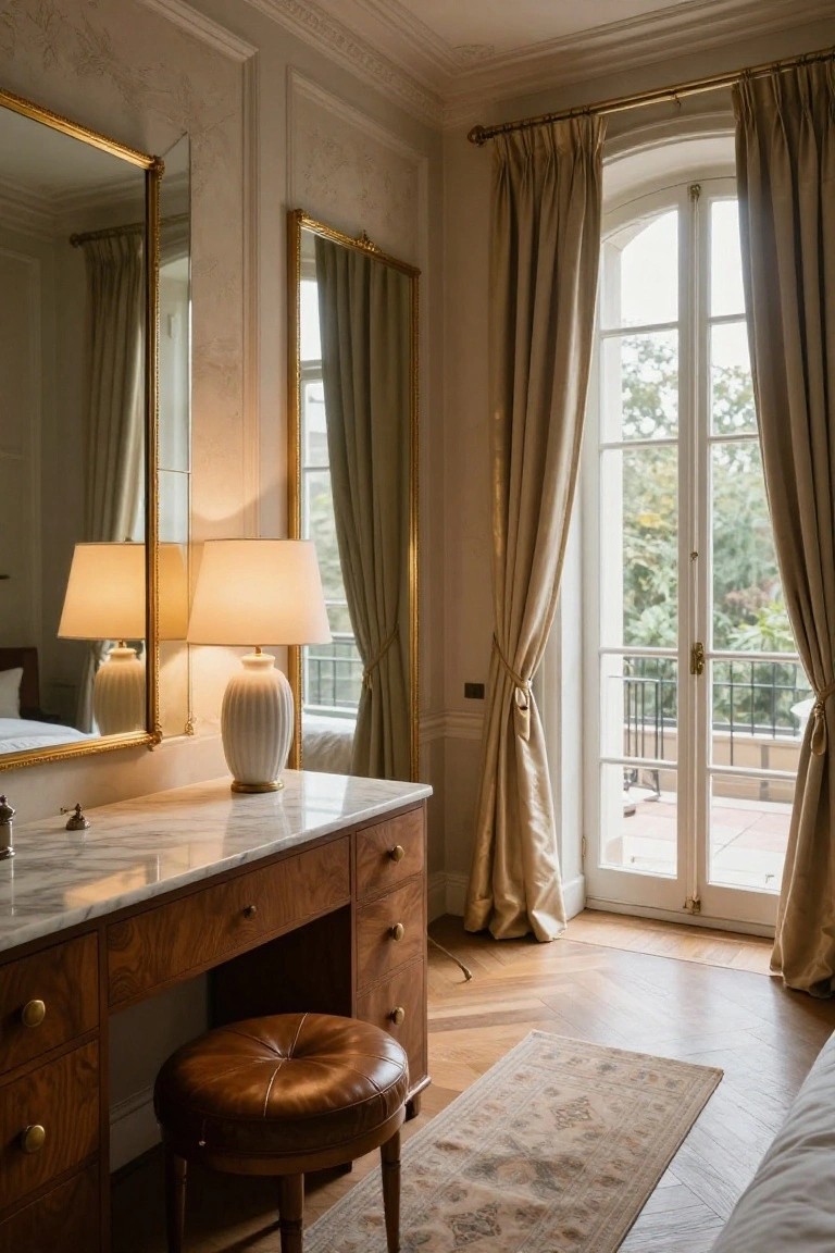 Bedroom corner showing a marble-topped wooden vanity desk with drawers, two tall gold-framed mirrors, a white ceramic lamp, brown leather pouf stool, beige drapes on French doors to a balcony with trees, and edge of a bed on parquet wood floor.