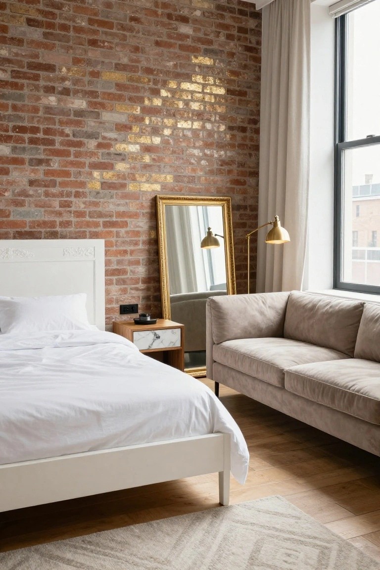 Bedroom with exposed brick wall accented by gold metallic highlights, white upholstered bed, beige sofa, gold-framed full-length mirror, brass arc lamps, marble-top nightstand, and hardwood floors by a curtained window.