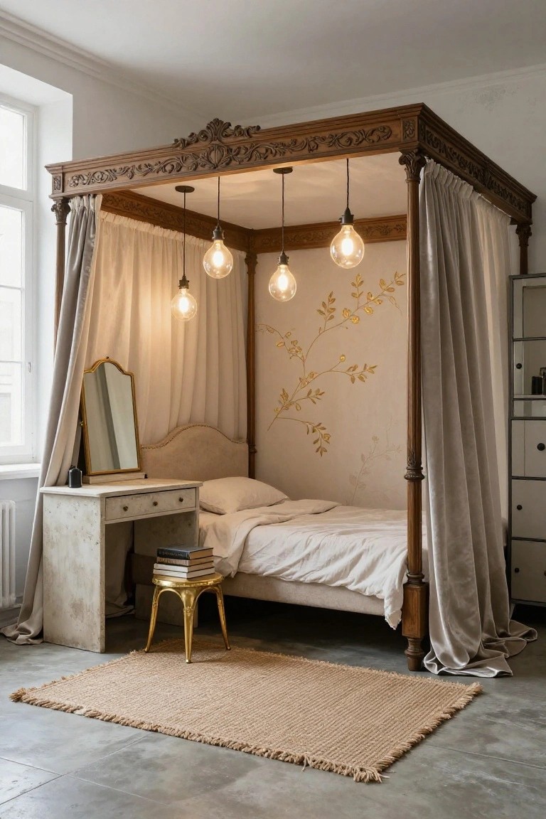 Bedroom interior with ornate brown wooden canopy bed draped in gray fabric, four hanging bulb lights, gold leaf branch wall art, white vanity table with mirror, and seagrass rug on concrete floor.