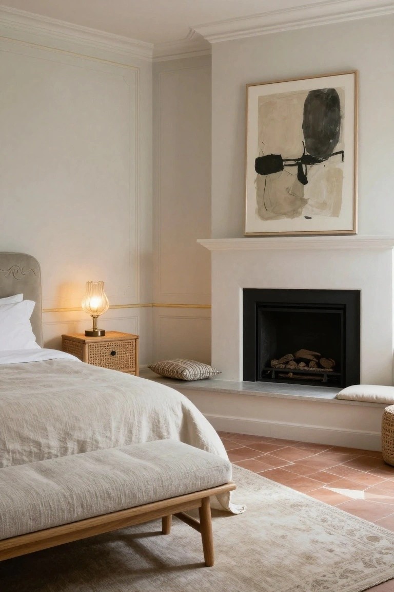 Bedroom corner with upholstered bed draped in white linens, rattan nightstand with glass lamp, white fireplace mantel holding logs, linen bench, abstract painting above, beige walls with trim, and terracotta tile floor.