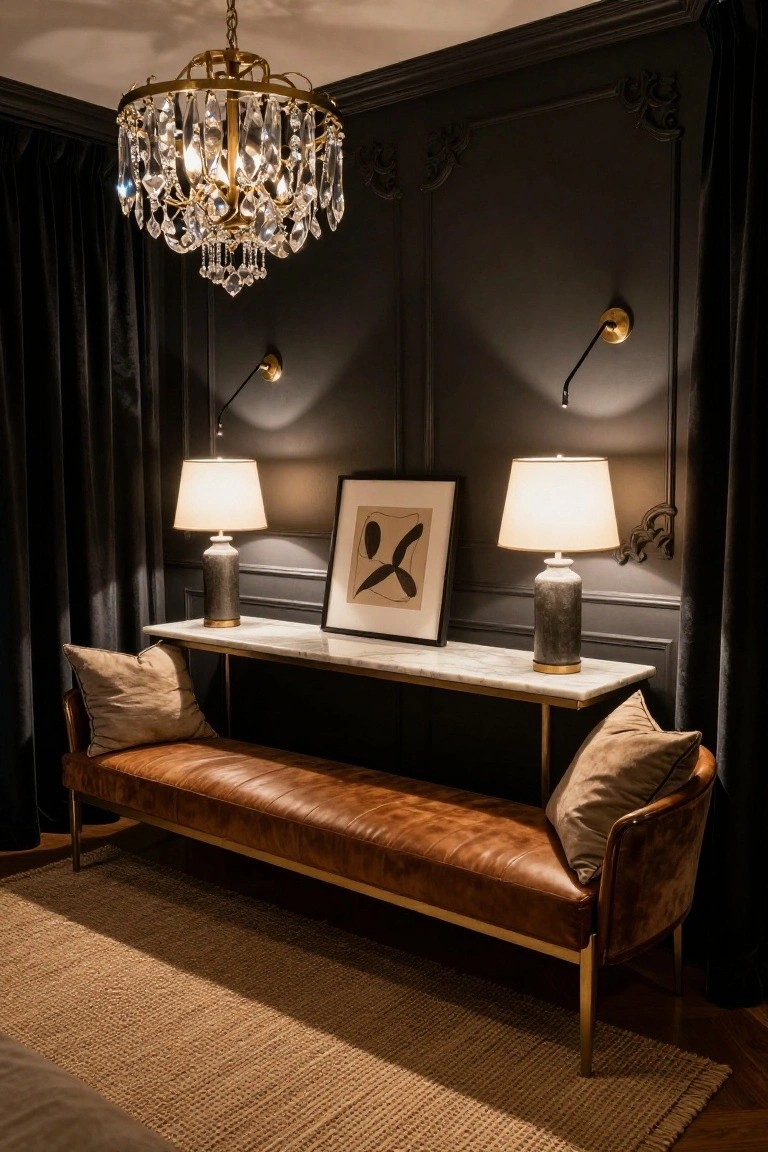 Dark paneled wall niche with gold crystal chandelier overhead, white marble console table topped with two gray ceramic lamps and black-framed abstract artwork, long tan leather bench with beige cushions below, black velvet curtains on sides, brass wall sconces lit.