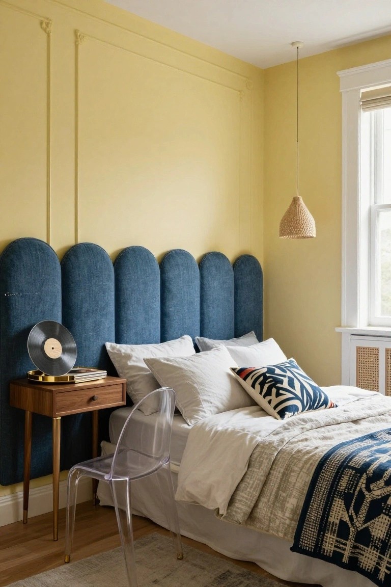 Bedroom corner featuring a blue tufted curved headboard against yellow walls, a bed with white sheets and patterned pillows, wooden nightstand holding a record player, clear acrylic chair, and rattan pendant light.