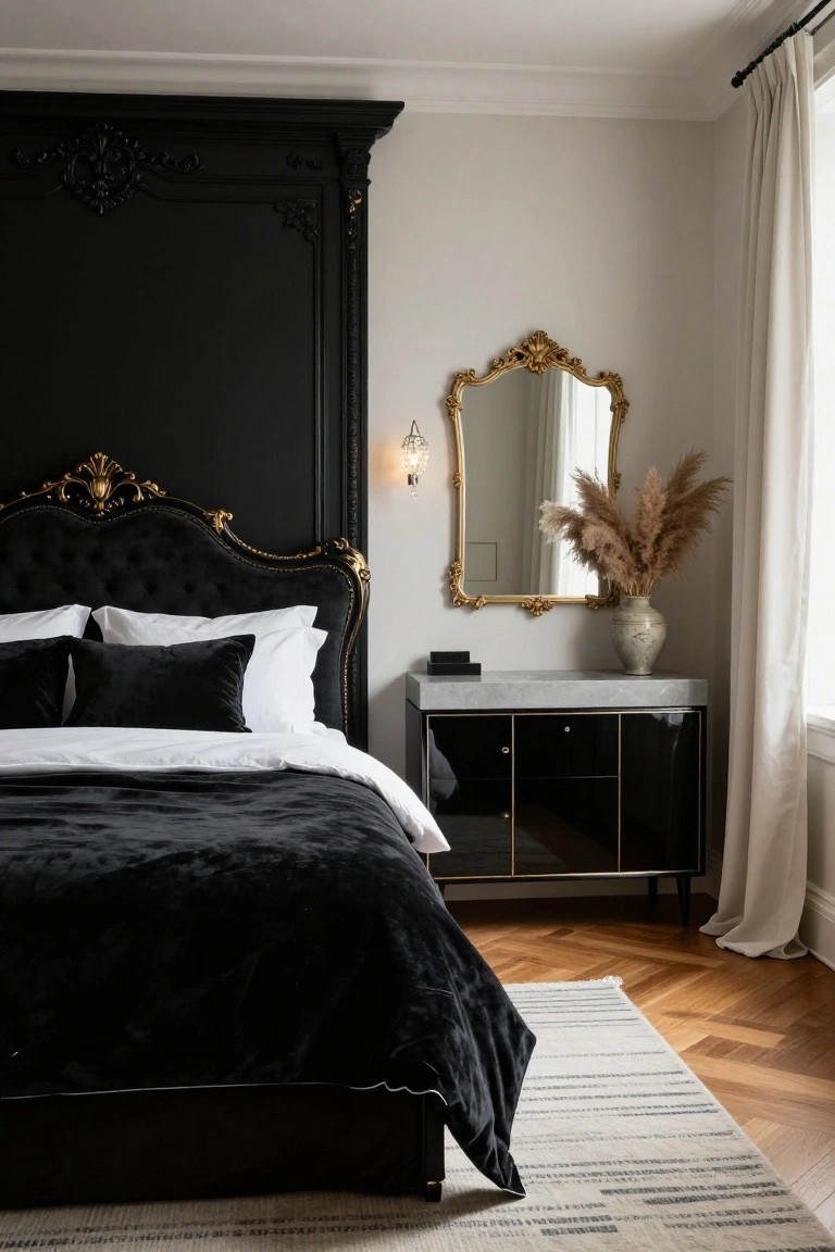 Bedroom interior with black velvet tufted bed, ornate gold headboard against black paneled wall, gold-framed mirror with pampas grass on gray console table, black lacquer dresser, white curtains on window, herringbone wood floor with gray rug.