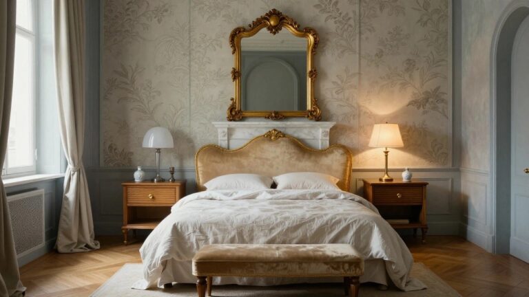 Bedroom interior with a prominent gold upholstered scalloped headboard, beige linen bedding, curved wooden nightstands topped with lamps and vases, intricate beige botanical wallpaper on paneled walls, and herringbone parquet flooring.