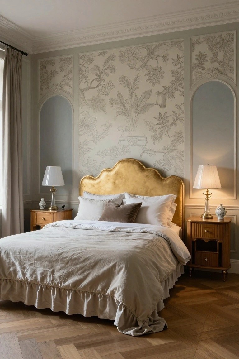 Bedroom interior with a prominent gold upholstered scalloped headboard, beige linen bedding, curved wooden nightstands topped with lamps and vases, intricate beige botanical wallpaper on paneled walls, and herringbone parquet flooring.