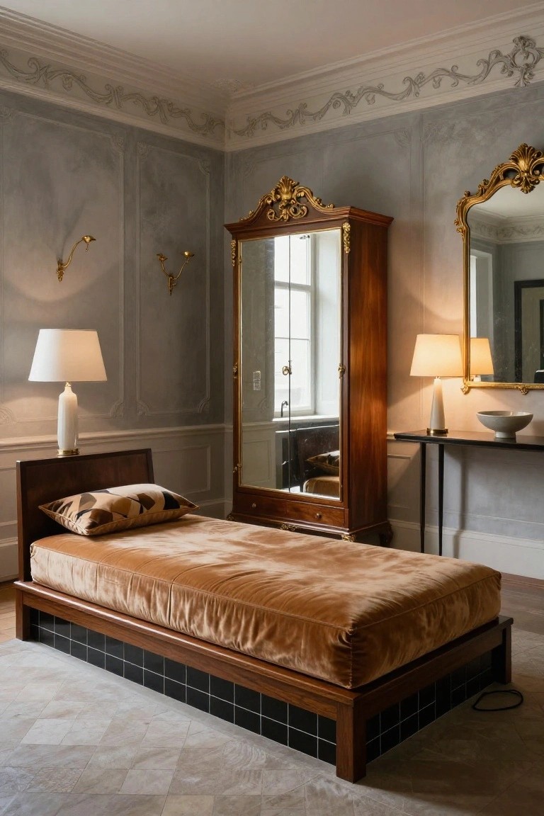 Pale gray paneled bedroom with low wooden platform bed upholstered in orange velvet and black tiled base, large wooden armoire with mirrored doors and gold frame, matching gold mirror on wall, two white lamps, black console table with white bowl, parquet floor.