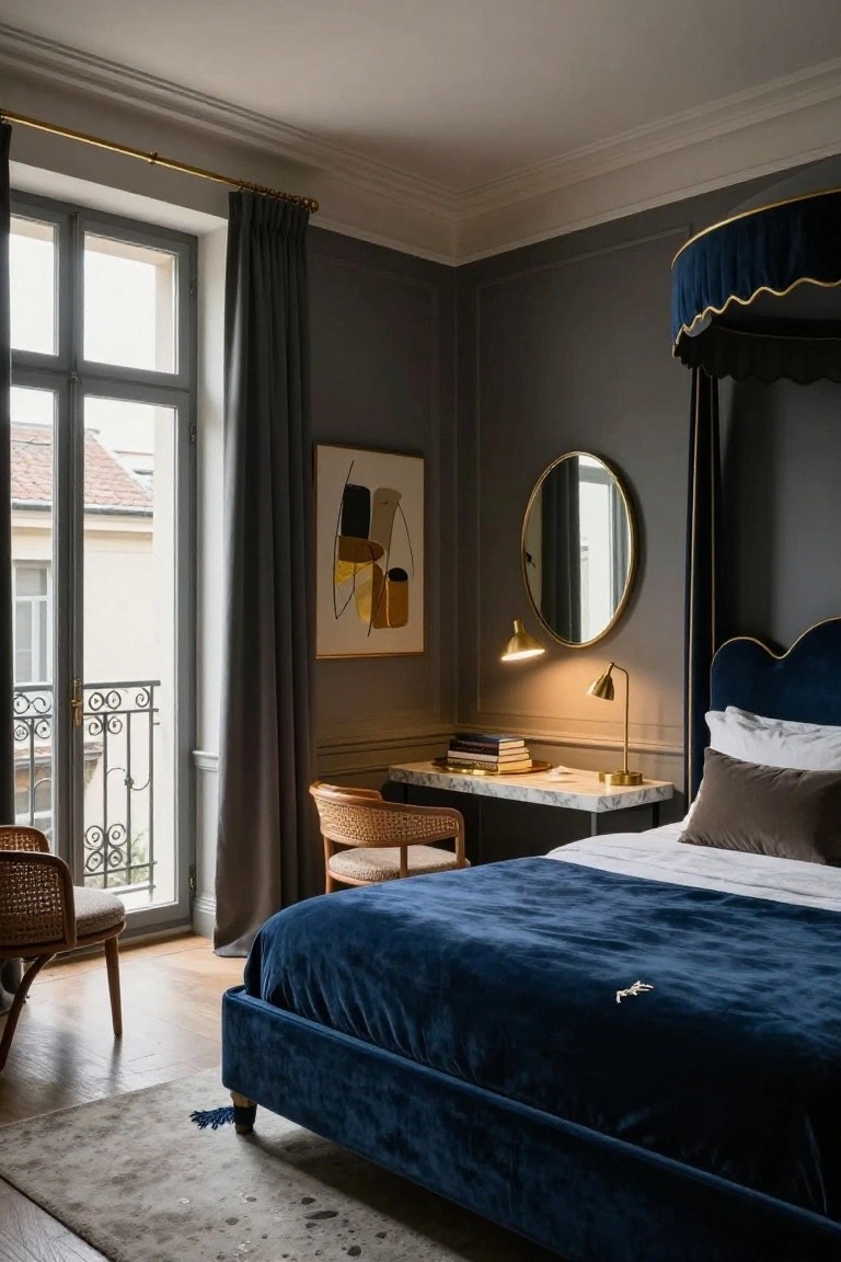 Bedroom interior with navy velvet canopy bed on wooden legs, gold-trimmed canopy, gray walls, round gold mirror, marble desk with books, rattan chair, and large windows with gray curtains opening to a wrought-iron balcony.