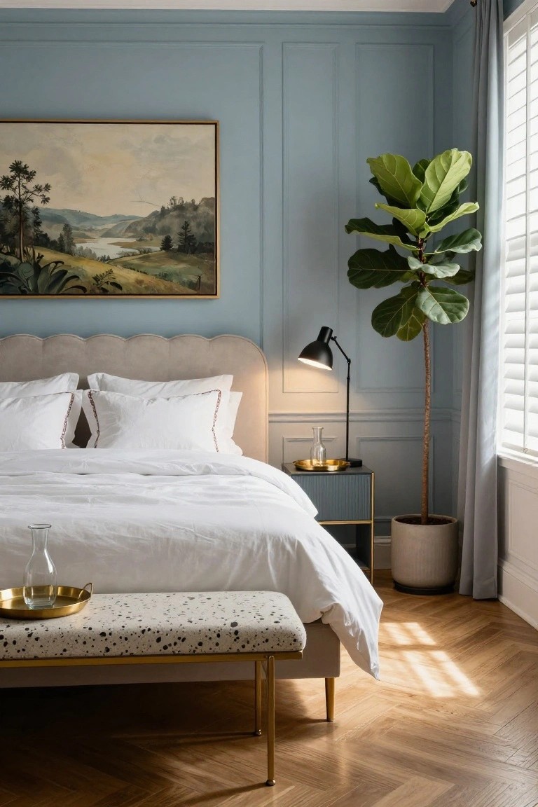 Bedroom interior with light blue paneled walls, beige tufted headboard, white linens on the bed, gold-accented bench at foot, black desk lamp on bedside table, large potted fiddle leaf fig near window, and parquet wood flooring.