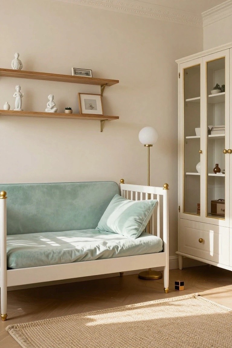 White wooden daybed with spindled frame, gold knobs, and pale mint green velvet bedding and pillows in a cream bedroom corner next to wooden shelves, glass-fronted cabinet, and globe lamp on gold stand.