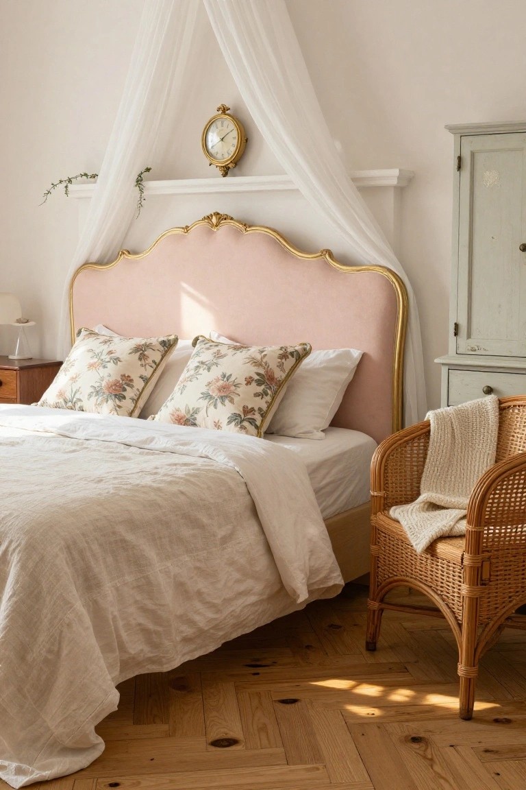 Bedroom with blush pink upholstered headboard edged in gold rococo style, white canopy drapes overhead, bed dressed in white linens and floral pillows, rattan chair with cream throw nearby, and herringbone parquet flooring.