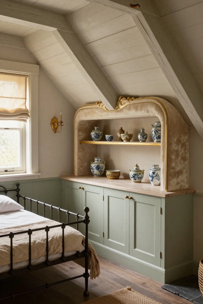Attic bedroom with sloped whitewashed wooden ceiling, black iron bed with white linens, pale green cabinetry topped by cream upholstered shelf unit with gold Rococo arch displaying blue and white porcelain vessels, linen window shade, and wall sconce.