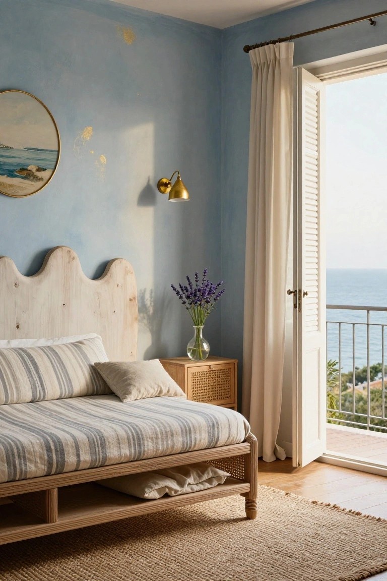 Bedroom interior featuring a wavy whitewashed wooden headboard on a bed with striped linens, rattan nightstand holding a vase of lavender, blue textured walls, gold-framed seascape painting, wall sconce, and open white shutters on balcony doors overlooking the ocean and hillside.