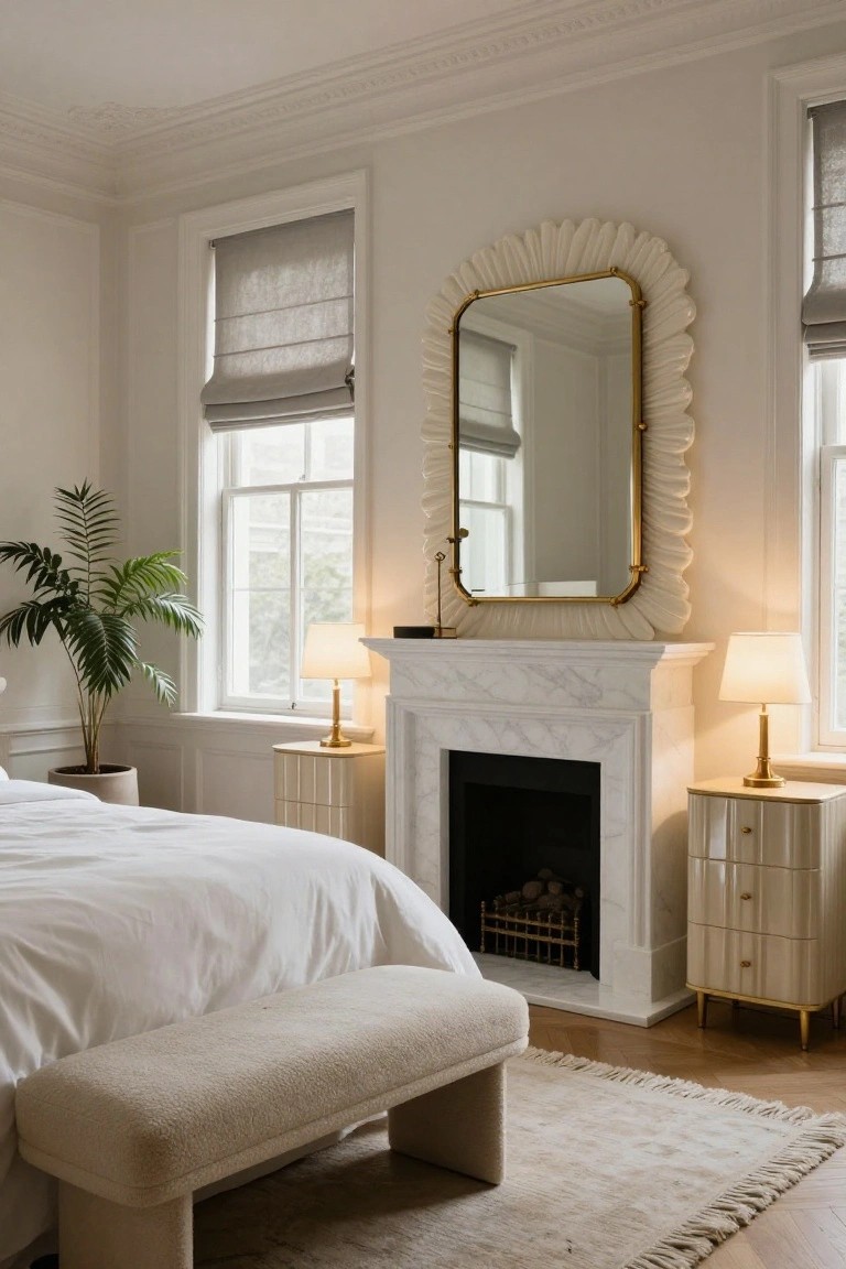 Light bedroom with white bed, large scalloped gold-framed mirror over white marble fireplace with log basket, cream upholstered bench, potted palm plant, round bedside tables with lamps, linen roman shades on sash windows, and beige rug on wood floor.