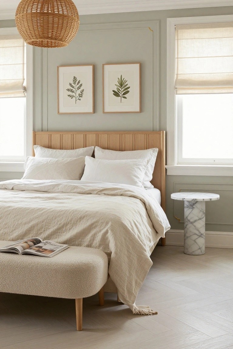Bedroom interior featuring pale sage green walls, wooden paneled headboard, white linen bedding, marble pedestal side table, cream bouclé bench at bed foot, woven rattan pendant light, botanical leaf prints, and light herringbone oak flooring.