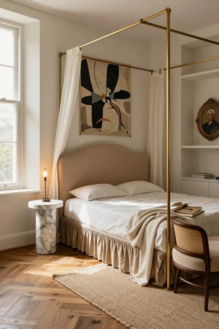 Bedroom with tall brass four-poster bed frame draped in sheer white curtains, beige tufted headboard, white sheets and throws, marble pedestal side table with lamp, rattan armchair, abstract wall art, and built-in shelves.